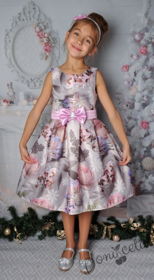 Детска официална рокля без ръкав на нежни цветя 240О