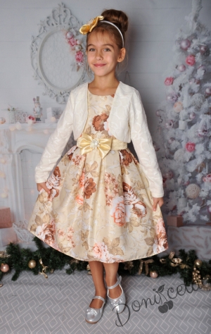 Детска официална рокля в златисто на нежни цветя с къс ръкав 241КБ