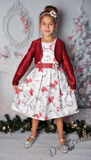 Детска официална рокля на нежни цветя в бордо без ръкав 235