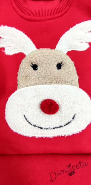 Коледен комплект от блузка в червено с еленче и панталонки в сиво