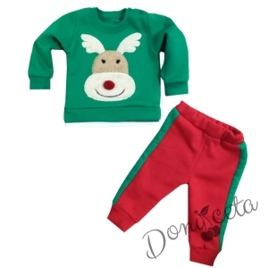 Коледен комплект от блузка в зелено с еленче и панталонки в червено