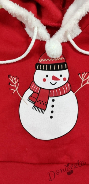 Коледен комплект от блузка в червено със снежен човек и панталонки 