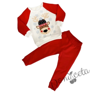 Коледен детски комплект от блузка еленче и панталонки в червено