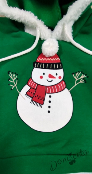 Коледен комплект от блузка в зелено със снежен човек и панталонки 