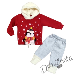 Коледен комплект от блузка в червено с пингвин и панталонки в сиво