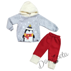 Коледен комплект от блузка в сиво с пингвин и панталонки в червено