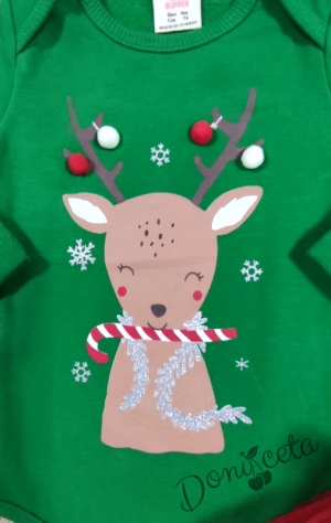 Коледен комплект от боди с еленче в зелено и червено с лента за коса