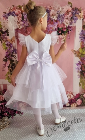 Официална детска рокля с къс ръкав в бяло с тюл 288БЖ