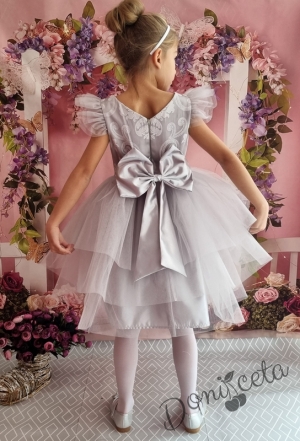 Официална детска рокля с къс ръкав в сиво с тюл 288СЖ