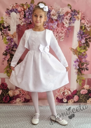 Официална детска рокля с къс ръкав в бяло с коланче 223БЖ
