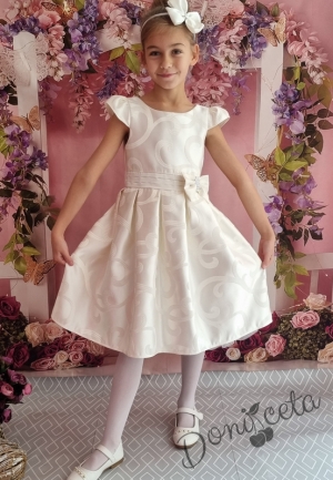 Официална детска рокля с къс ръкав в екрю с коланче 223ШЖ