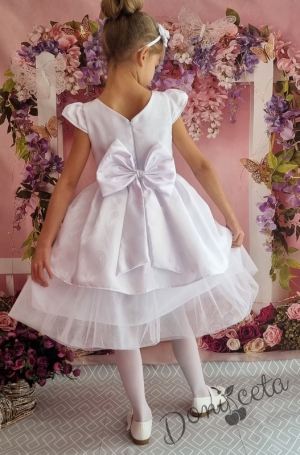 Официална детска рокля в бяло с къс ръкав и тюл 379БЖ