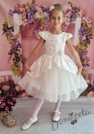 Официална детска рокля в екрю с къс ръкав и тюл 379ШЖ