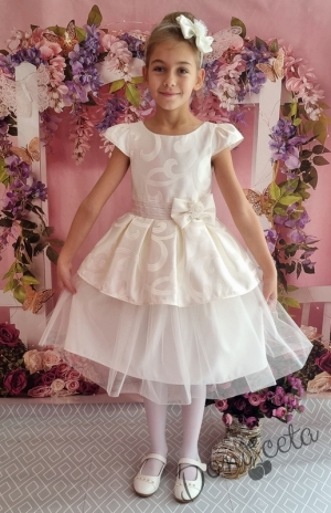 Официална детска Мира рокля с къс ръкав в екрю с тюл 281ШЖ