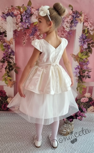 Официална детска Мира рокля с къс ръкав в екрю с тюл 281ШЖ