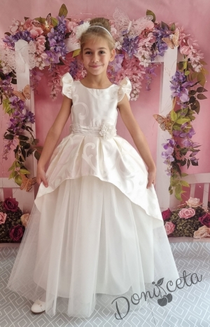 Официална дълга детска рокля с къс ръкав в екрю с тюл 379ШЖД