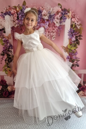 Официална дълга детска рокля с къс ръкав в екрю с тюл 288ШЖД