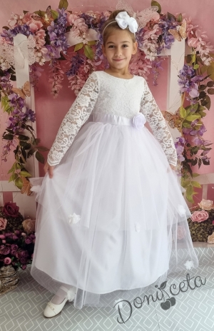 Официална дълга детска рокля с дълъг ръкав в бяло с тюл 278БДДР