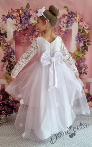 Официална дълга детска рокля с дълъг ръкав в бяло с тюл 278БДДР