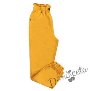 Детски свободен памучен панталон за момиче в горчица 789738