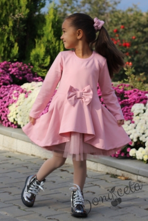 Детска рокля с дълъг ръкав в пепел от рози с тюл