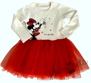 Ватирана детска рокля с дълъг ръкав в бяло и червено
