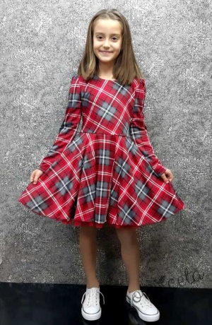 Официална детска рокля с дълъг ръкав в червено каре с тюл