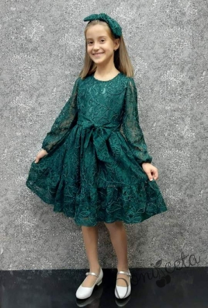 Официална детска рокля с дълъг ръкав в  зелено 