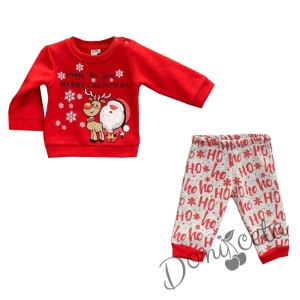 Коледен комплект от блузка червено с Дядо Коледа и панталонки 