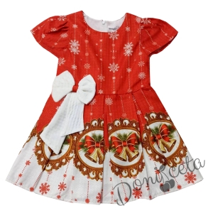 Детска коледна рокля с къс ръкав в червено с панделка в бяло
