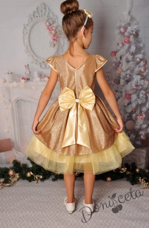 Официална детска рокля с къс ръкав в златисто с тюл и блясък 379ЗБ
