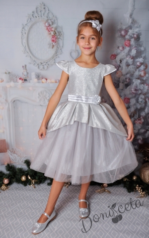 Официална детска рокля с къс ръкав в сребристо с тюл и блясък 379СБ