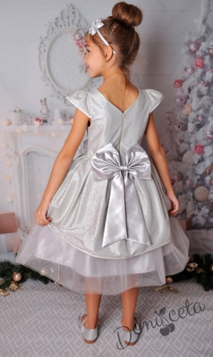 Официална детска рокля с къс ръкав в сребристо с тюл и блясък 379СБ