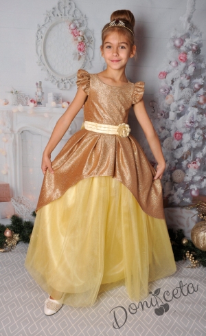 Официална детска дълга рокля в златисто с тюл и блясък 379ЗБД