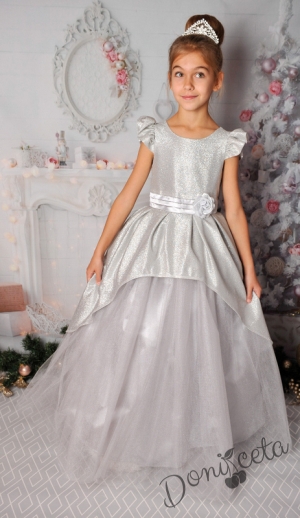 Официална детска дълга рокля в сребристо с тюл и блясък 379СБД