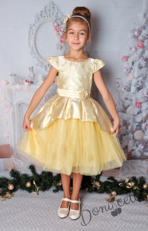 Официална детска рокля с къс ръкав в златисто със звезди и тюл  379ЗЗ