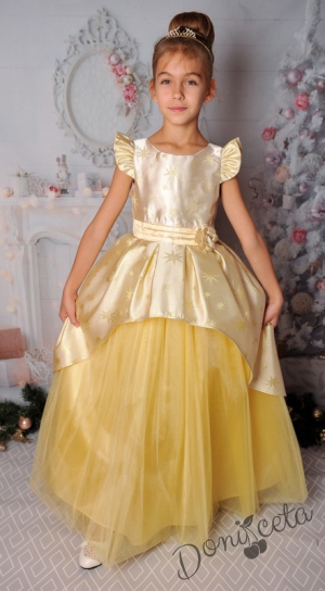 Официална детска дълга рокля в златисто със звезди и тюл 379ЗЗД