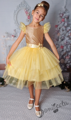 Официална детска рокля с къс ръкав в златисто с блясък и тюл 288ЗБ