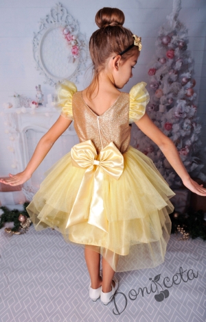 Официална детска рокля с къс ръкав в златисто с блясък и тюл 288ЗБ