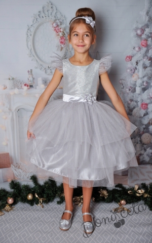 Официална детска рокля с къс ръкав в сребристо с блясък и тюл 288СБ