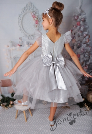 Официална детска рокля с къс ръкав в сребристо с блясък и тюл 288СБ