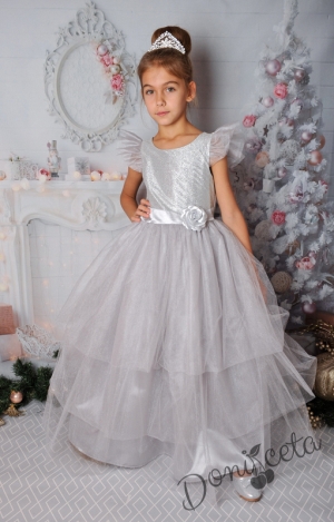 Официална детска дълга рокля с къс ръкав в сребристо с тюл и блясък 288СБД