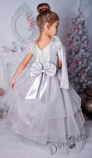 Официална детска дълга рокля с къс ръкав в сребристо с тюл и блясък 288СБД