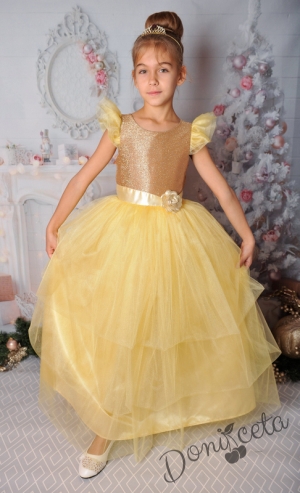 Официална детска дълга рокля с къс ръкав в златисто с тюл и блясък 288ЗБД