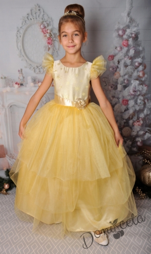 Официална детска дълга рокля с къс ръка в златисто със звезди и тюл 288ЗЗД