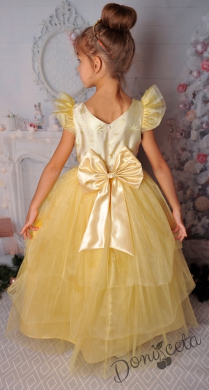 Официална детска дълга рокля с къс ръка в златисто със звезди и тюл 288ЗЗД