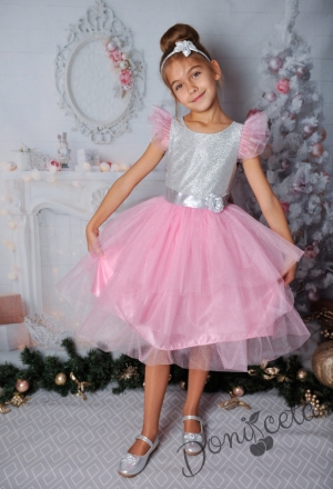 Официална детска рокля с къс ръкав в сребристо с тюл в розово 288СБРТ