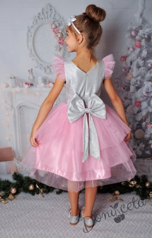 Официална детска рокля с къс ръкав в сребристо с тюл в розово 288СБРТ