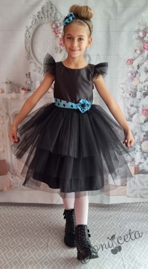 Официална детска рокля с къс ръкав в черно с тюл 288ПРСЧТ