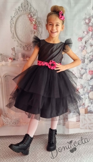 Официална детска рокля с къс ръкав с тюл в черно с панделка 288ПРЦЧТ